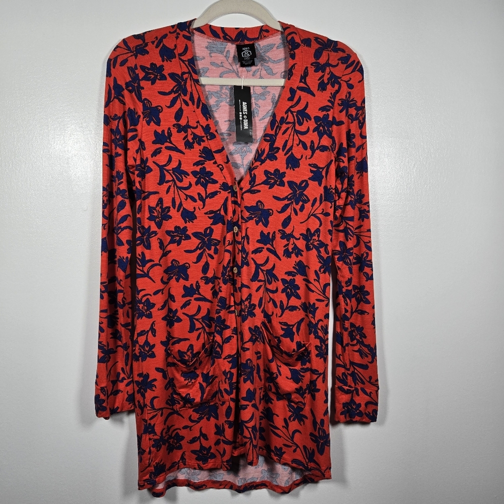 NEW Agnes & Dora Red Blue Floral Jersey Knit Lightweight Cardigan Top Size XS